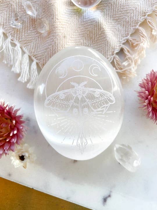 Fractalista Designs - Wholesale Spiritual Stone/Crystal - Etched Selenite Palmstone "Mystic Luna Moth"