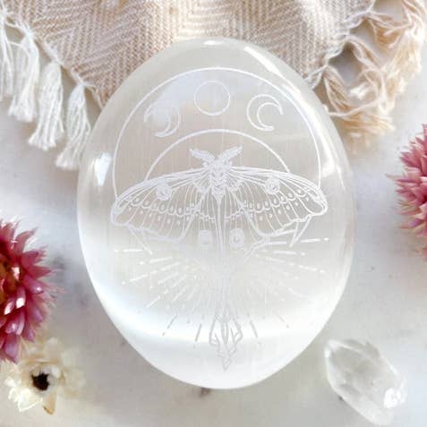 Etched Selenite Palmstone "Mystic Luna Moth" for wholesale by Fractalista Designs