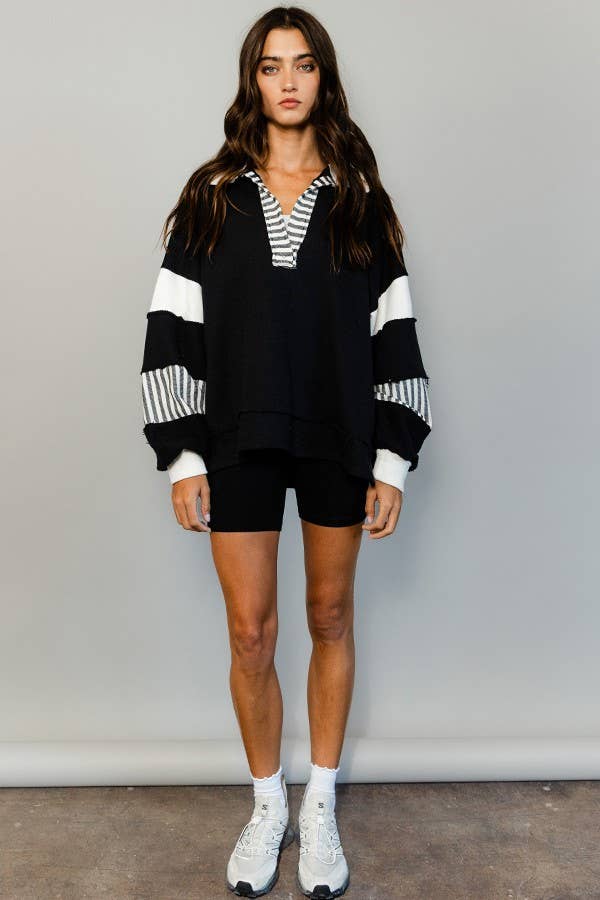 BUCKETLIST INC - Wholesale Knit Top - Women's - T2004 French Terry Knit Color-block Collared Loose Fit Top31