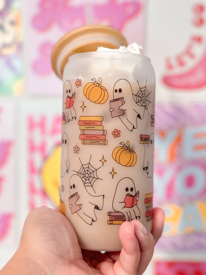 Bookish Ghost Reading Book 16oz frosted Glass Cups for wholesale by Oh So Latina