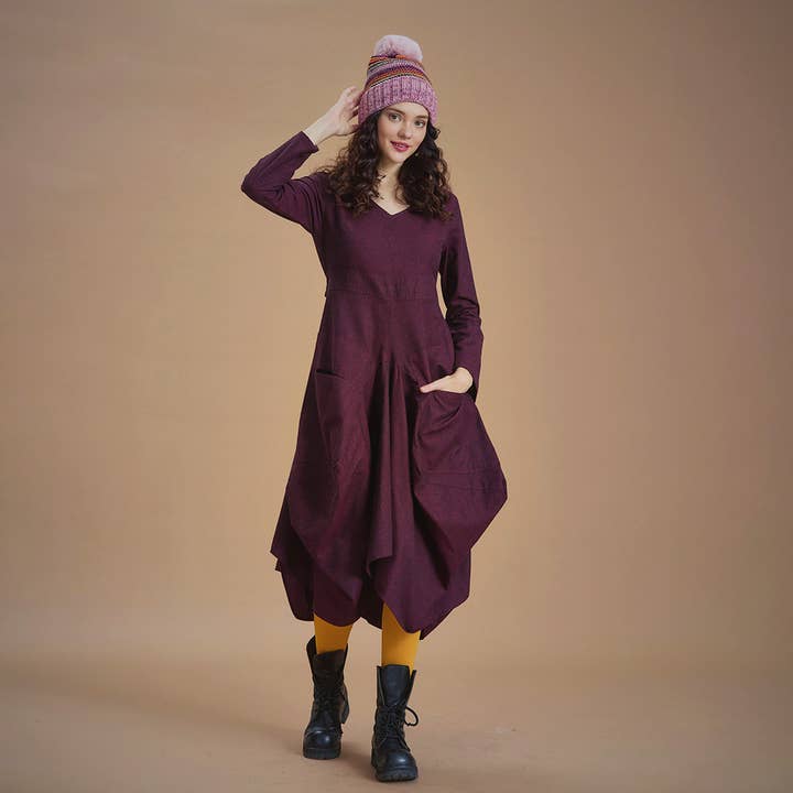 Boho Rødbrun kjole med store lommer med bindebånd i taljen for engroshandel hos Los Banditos