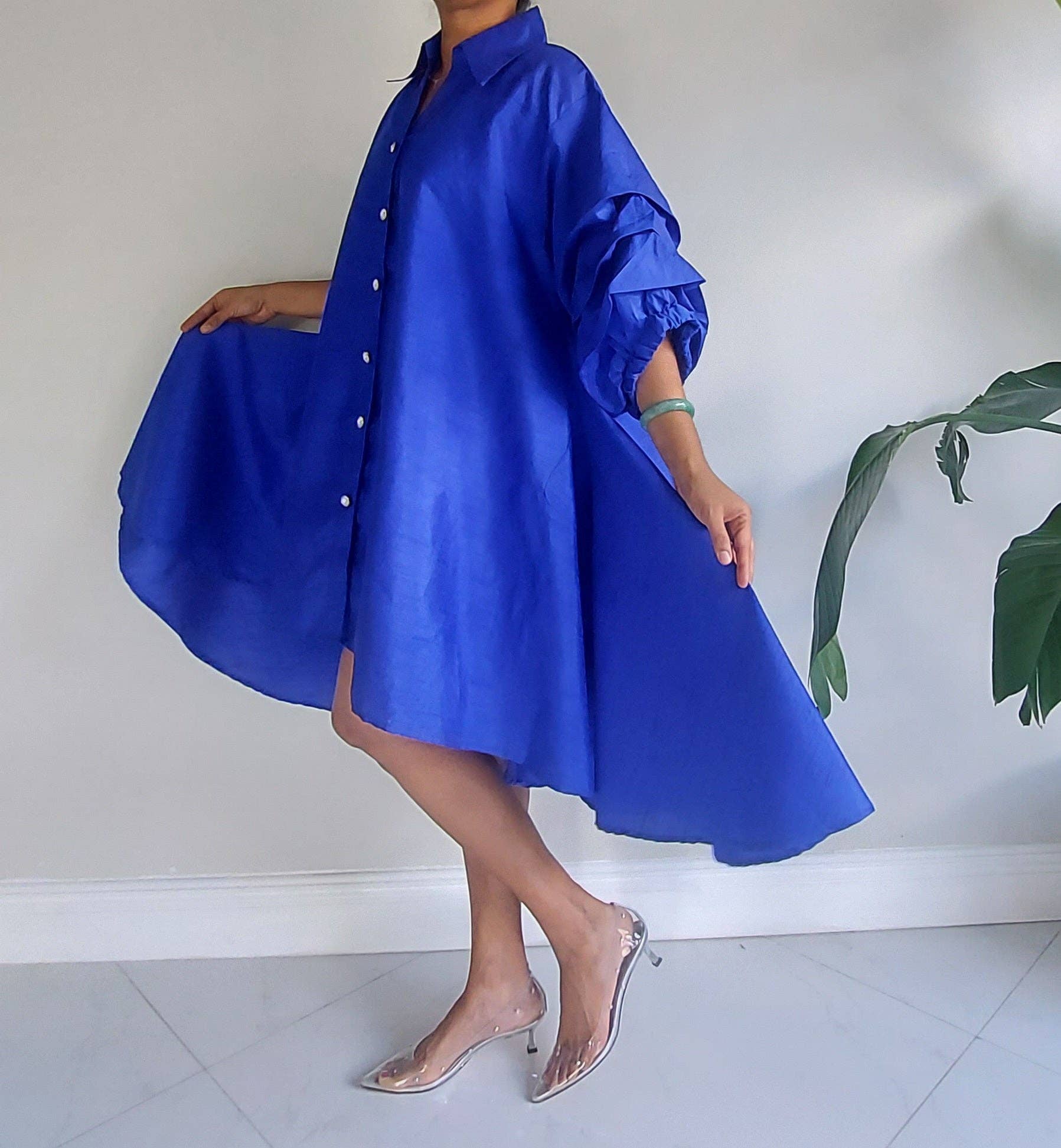 India Batik - Wholesale Dress - Women's - Swing Dress/ Faux Silk / Ruffle Sleeve - Royal6