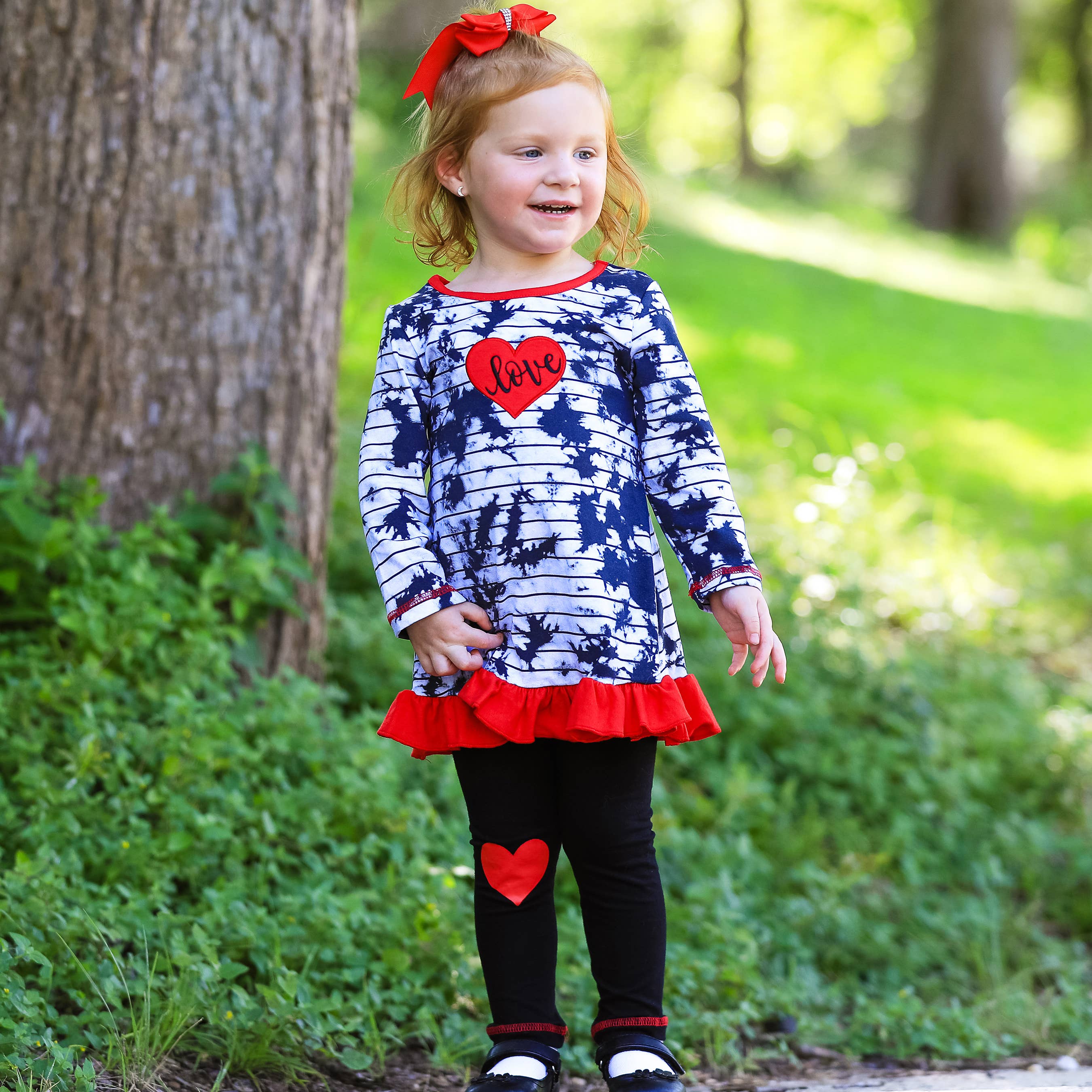 AnnLoren – wholesale Top & leggings set – Kids – Girls Red Heart Tie Dye Dress Leggings Valentine's Clothing3