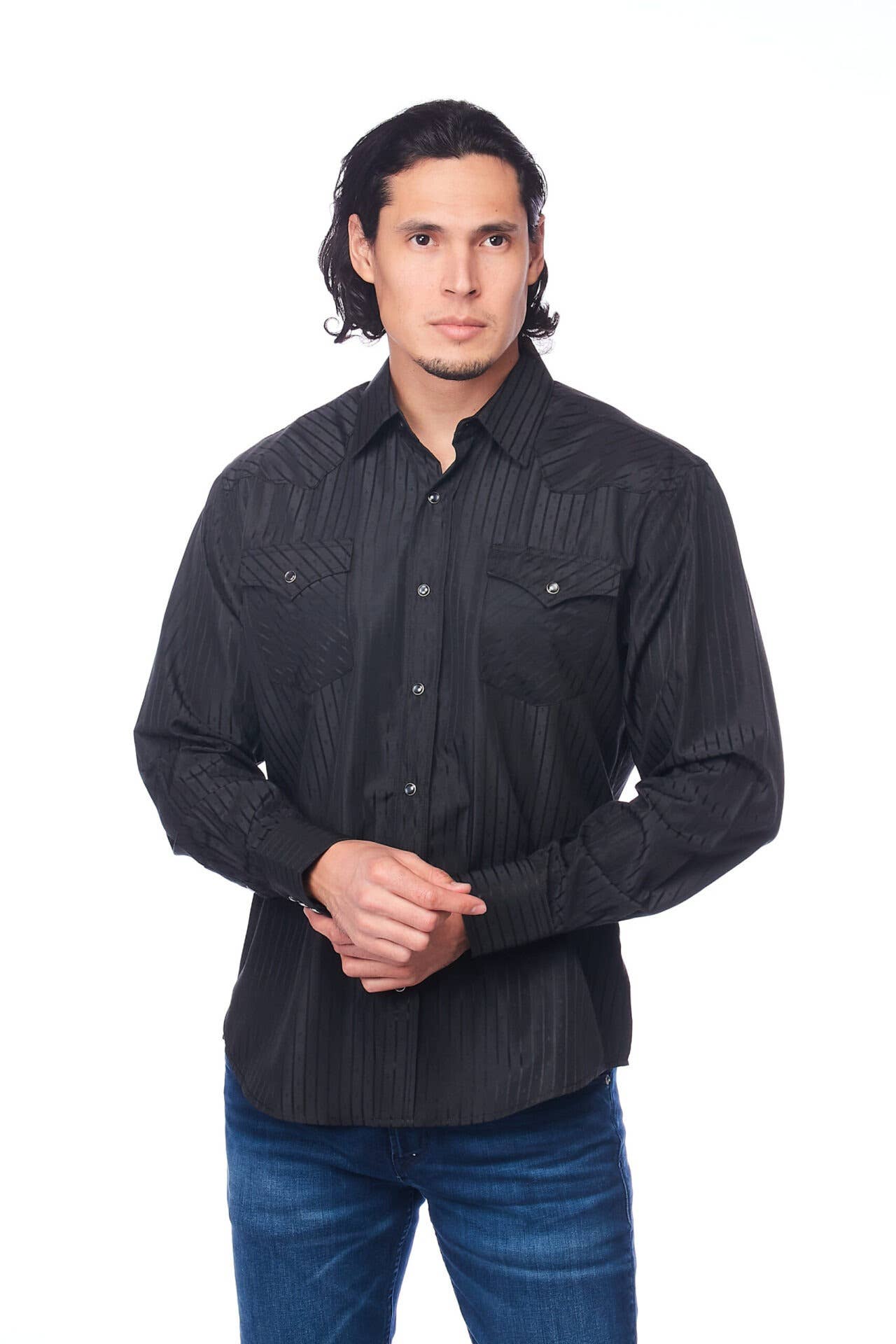 Rodeo Clothing - Wholesale Button Down Shirt - Men's - Men's long sleeve western cotton/poly yarn-dyed plain shirts1