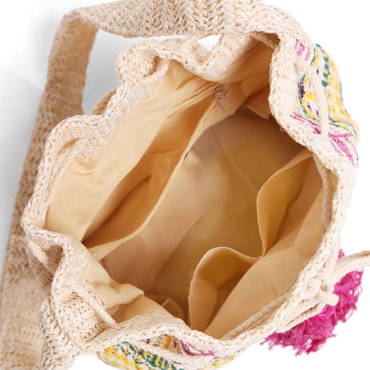 Fashion City - Wholesale Crossbody bag – Women's - Tribal Straw Crossbody Bucket Bag with Tassels1