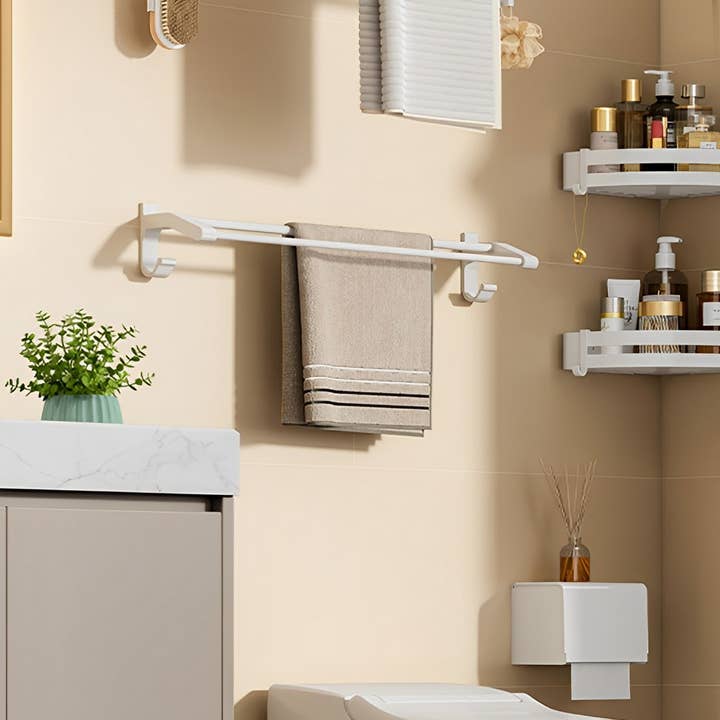 SOGA International Pty Ltd - Wholesale Towel holder/hanger - White Wall-Mounted Double Pole Towel Holder With Hooks2
