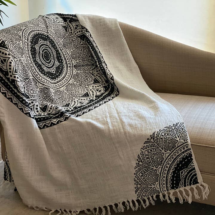 Black Mandala Cotton Throw Blanket, White Mud Cloth Throw Blanket For Couch, Woven Blanket, Housewarming Gift For Her for wholesale by Sunny Dzyns
