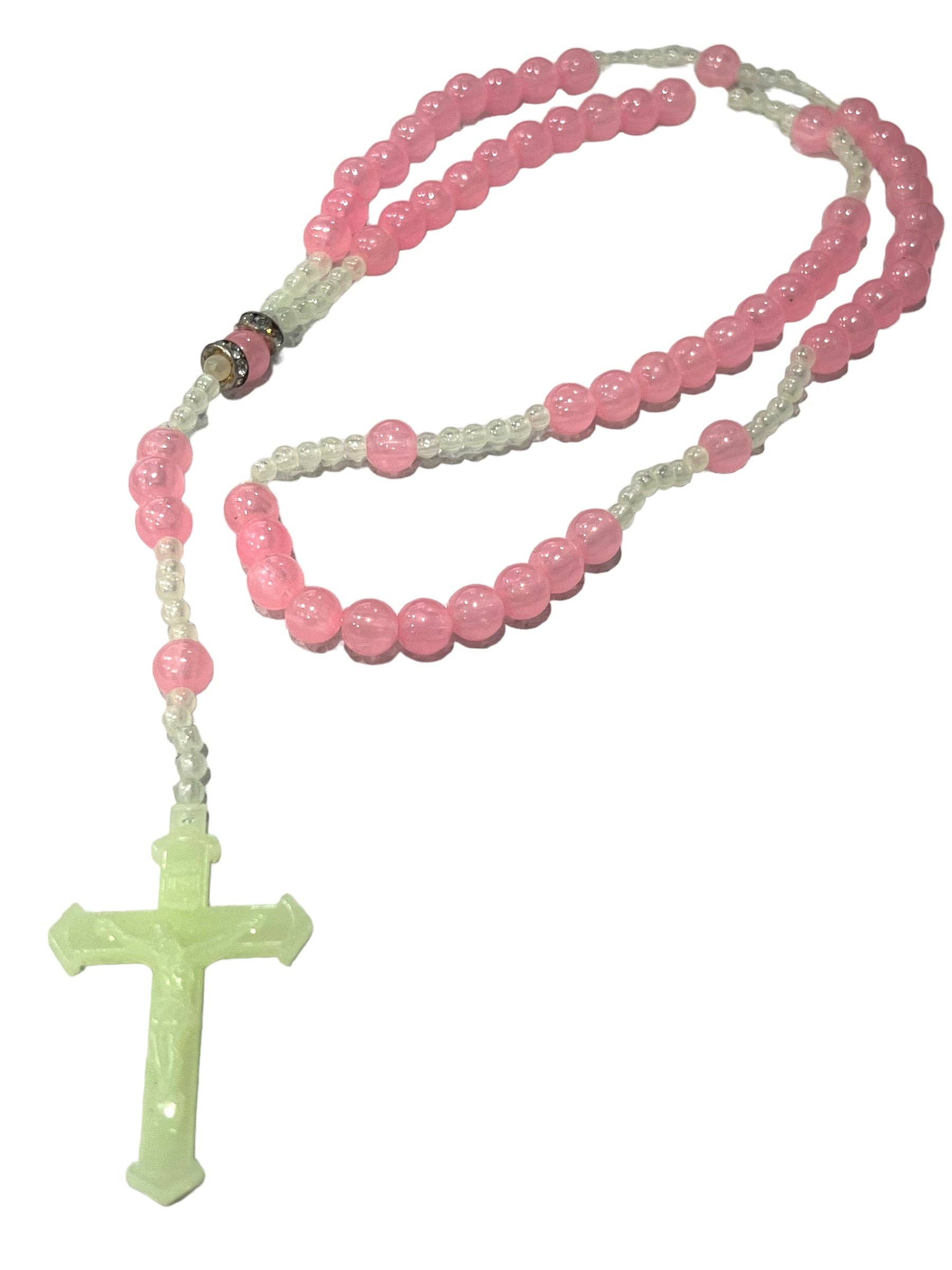 SAN JUDITAS RELIGIOUS ARTICLES - Wholesale Prayer Beads Necklace - PLASTIC ROSARY: GLOW IN THE DARK PINK0