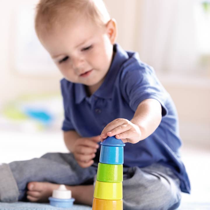 HABA USA - Vente Jouet en bois – enfant - Phare Arc-en-ciel en Bois – Jouet d'Empilage et d'Équilibre Montessori