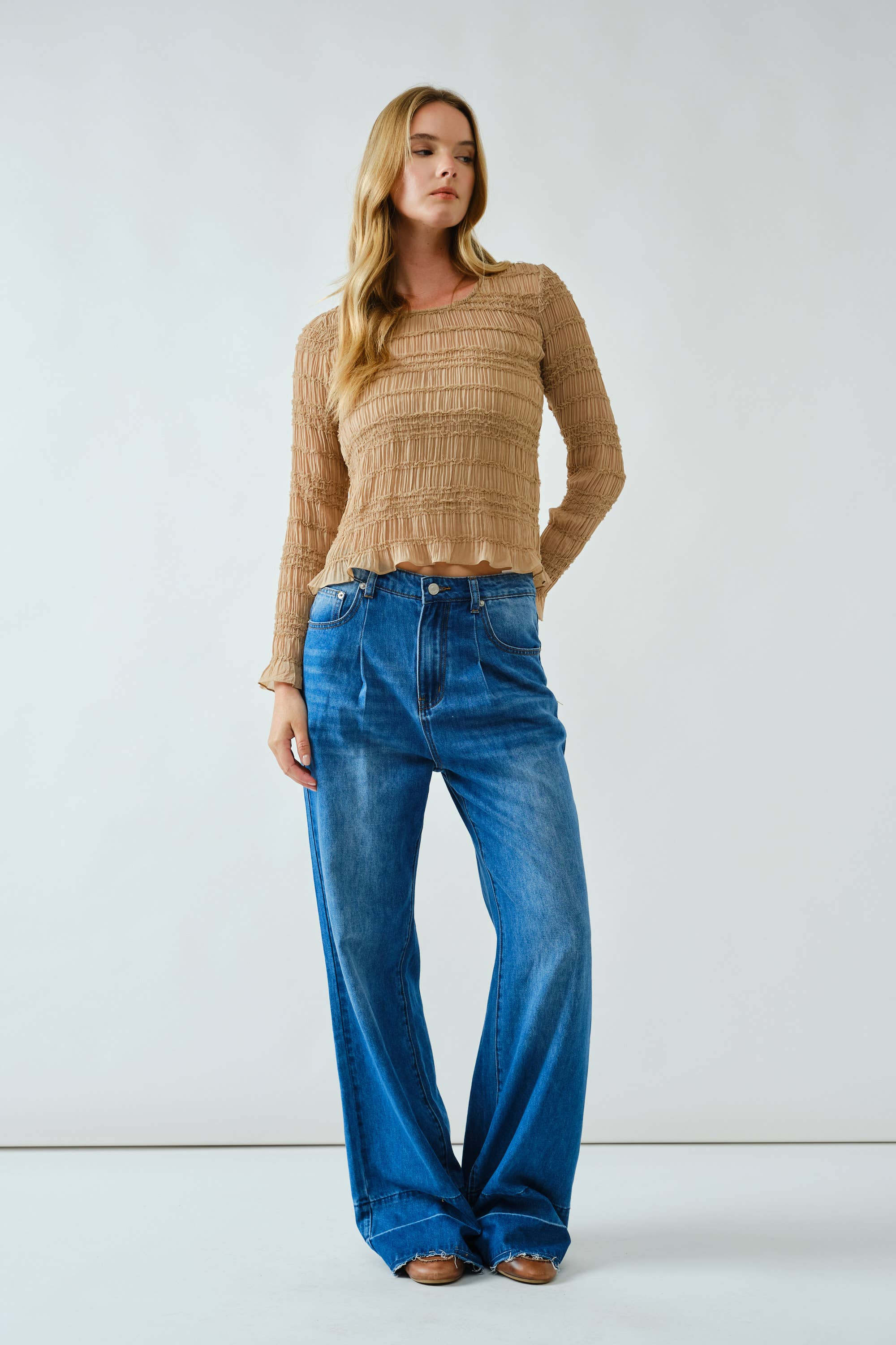 Aaron & Amber - Wholesale Knit Top - Women's - AJT5432 LACE DETAIL SHEER SMOCKING TOP13