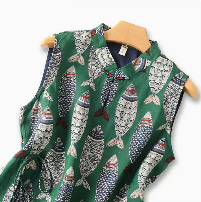 Vert Robe sans manches vintage de style chinois avec imprimé floral en vente sur Faire1