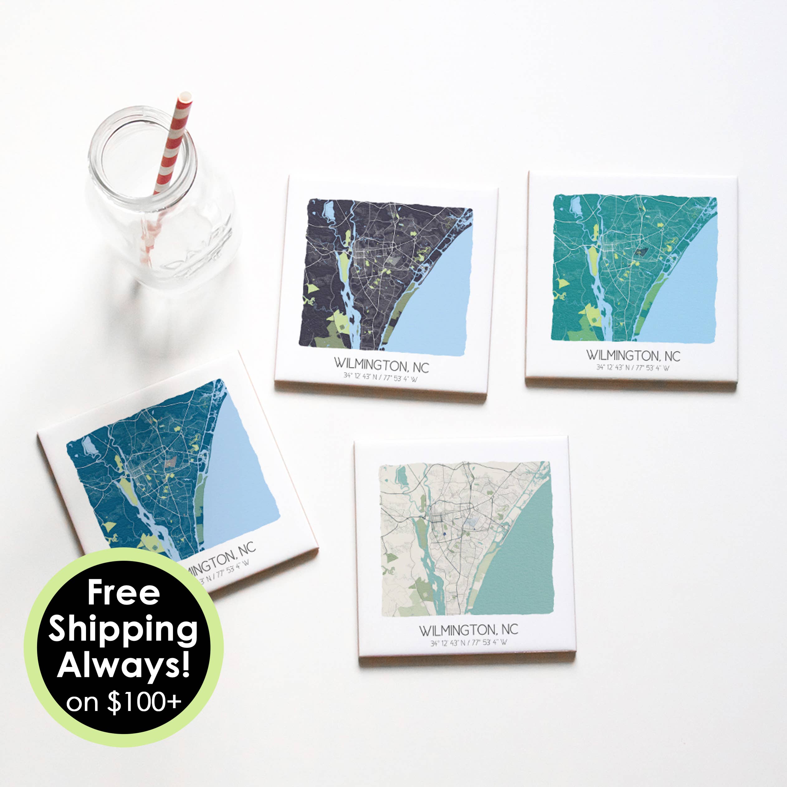 Custom city map coasters, Wilmington North Carolina coasters for wholesale by Sparks House Co.