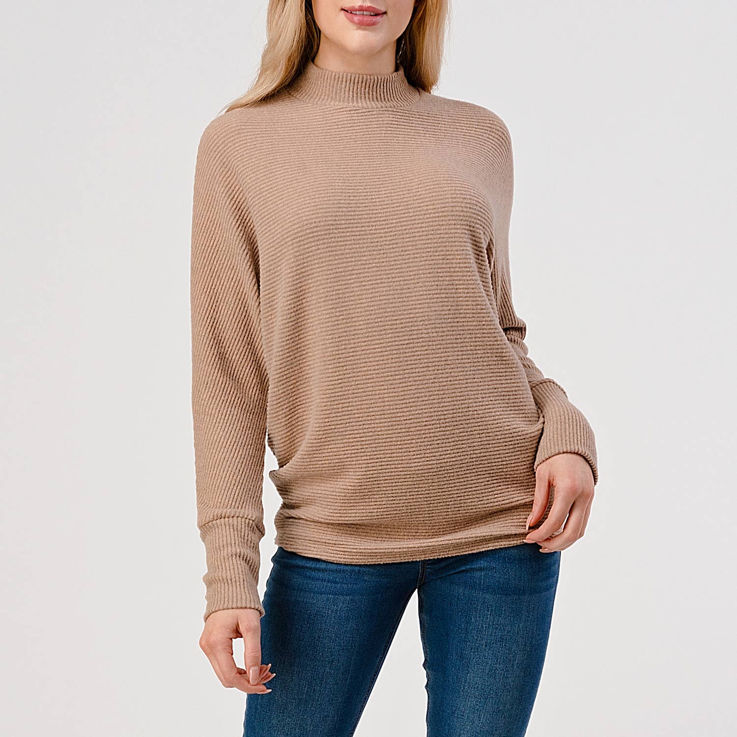 Heimious - Wholesale Knit Top - Women's - Mock Neck Long Dolman Sleeve Ribbed Knit Top, T26164