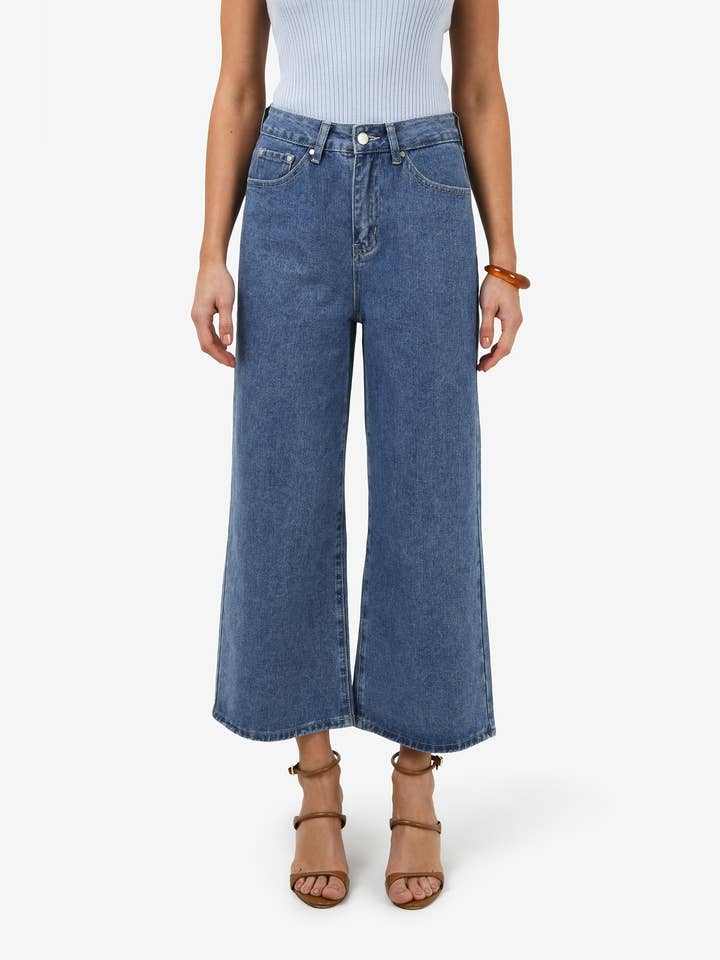 Mid Wash Blue Forcast Women's Windsor Cropped Wide Leg Jeans for wholesale on Faire0