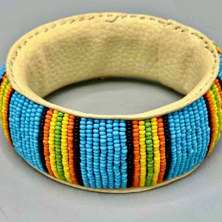 The Niger Bend - Wholesale Beaded Bracelet - Rasta Stripes Design Wide Beaded Leather Bracelet - Mali