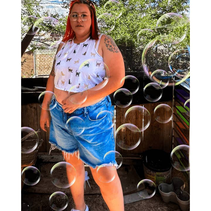 Cat Print Crop Top – Handmade from Upcycled Bedsheet for wholesale by The Modern Alien