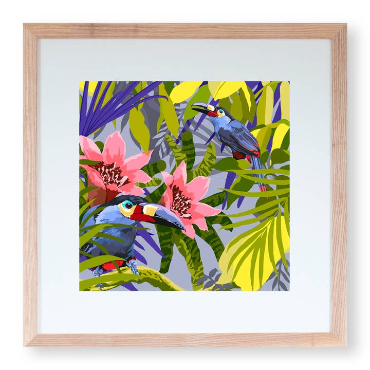 Art Print ‘Toucans In The Jungle Series No.2’ 20 x 20 cm for wholesale by Rosie Reiter
