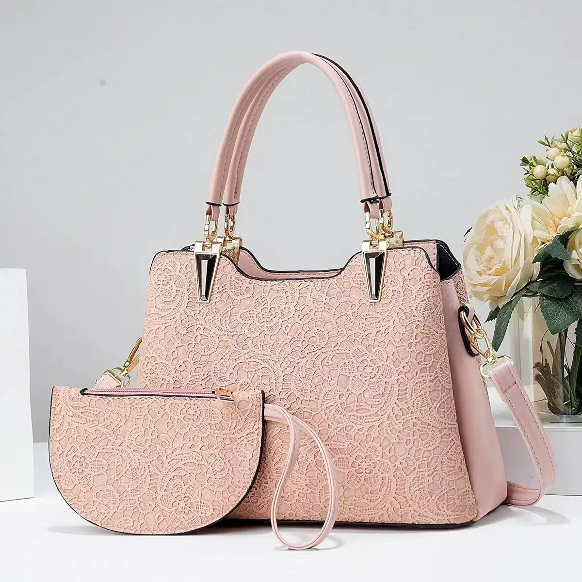 Superbia - Venta al por mayor Bolso con asas - Mujer - Bolso mediano con estampado de encaje, múltiples bolsillos y asa superior + monedero gratis A969713