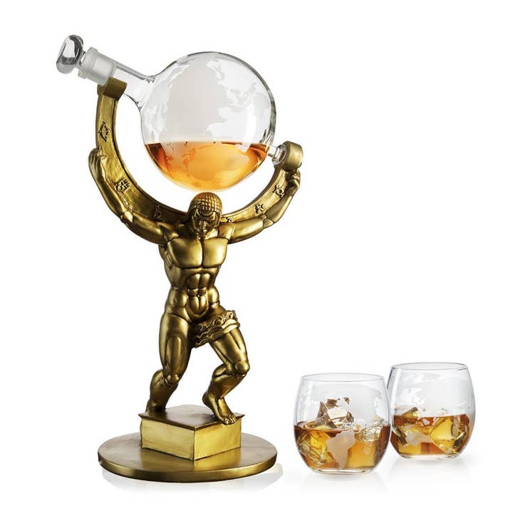 The Wine Savant / Khen Glassware – wholesale Dekanter – Atlas Bronze World Whisky Karaff Globe - 15" Tall