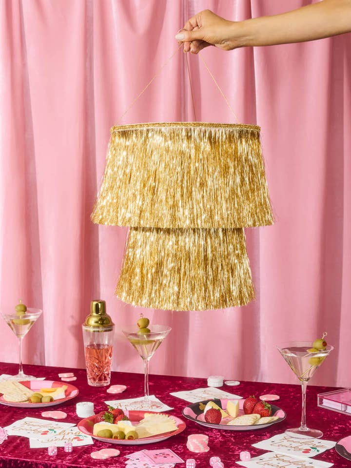 Golden Fringe Chandelier - sparkly foil, 16" tall x 12" wide for wholesale by xo, Fetti