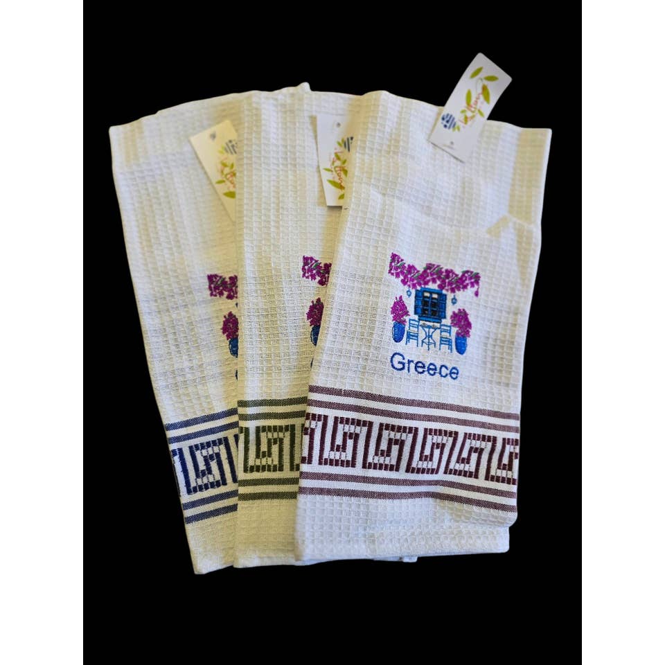 Charming Greek Kitchen Towels - 100% Cotton with Embroidered Scenes and Assorted Greek Key Borders for wholesale by 2 Greeks Inc