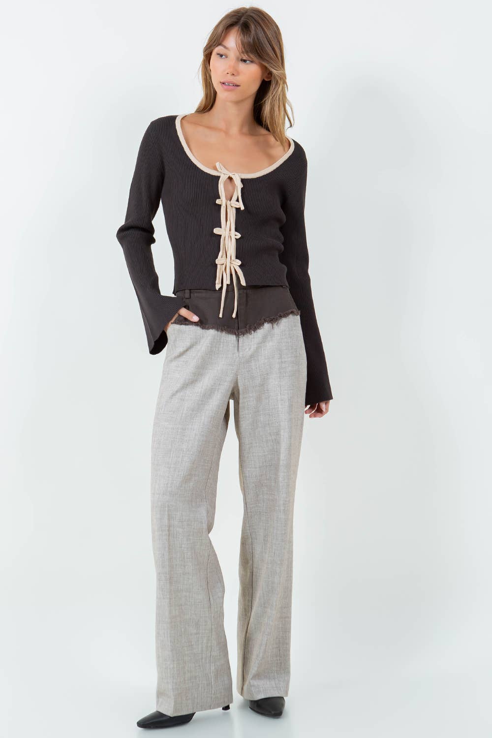 Brown Sand MULTI BOW TIES KNITTED CARDIGAN - BROWN/SAND for wholesale on Faire1