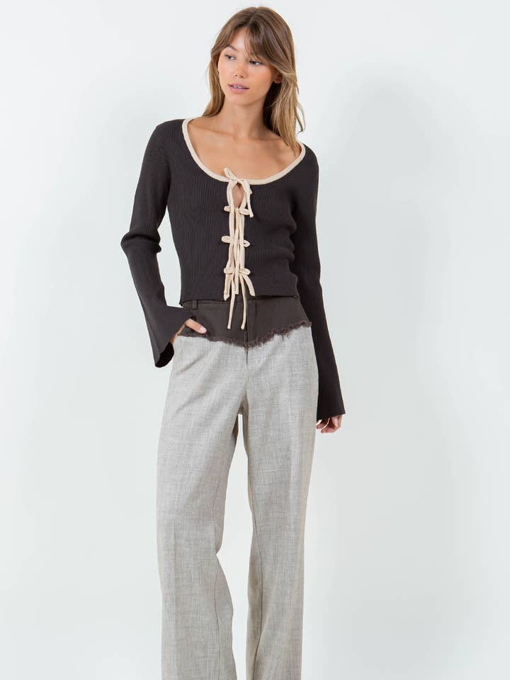 Brown Sand MULTI BOW TIES KNITTED CARDIGAN - BROWN/SAND for wholesale on Faire1