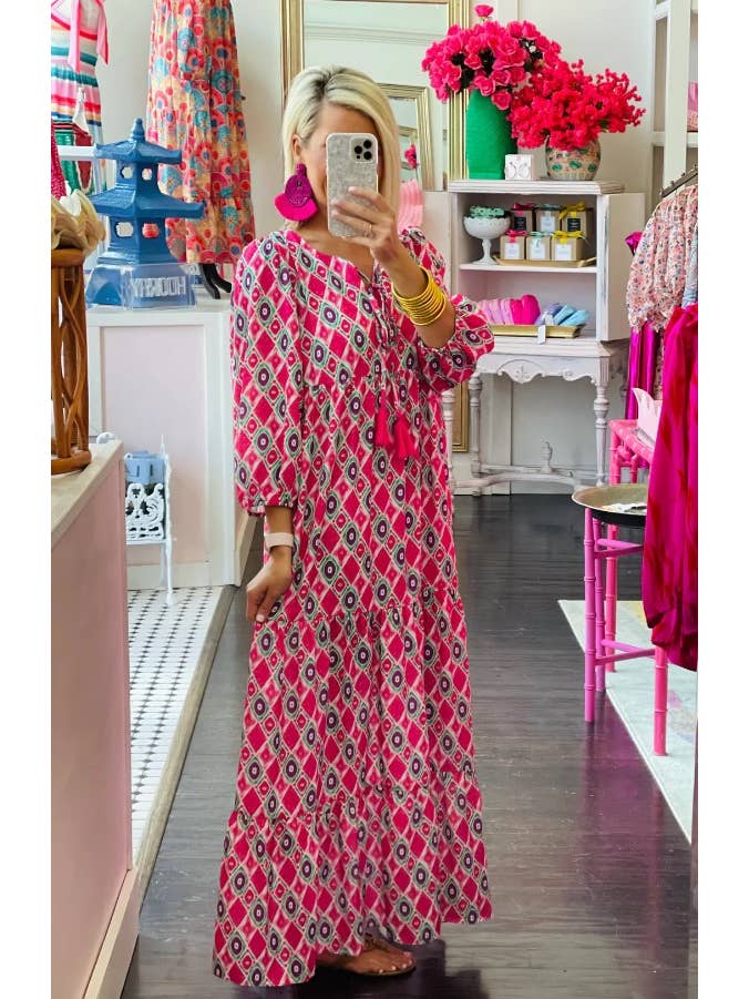 Cezele - Wholesale Dress - Women's - 3/4 Lantern Sleeve Print Boho Maxi Dress