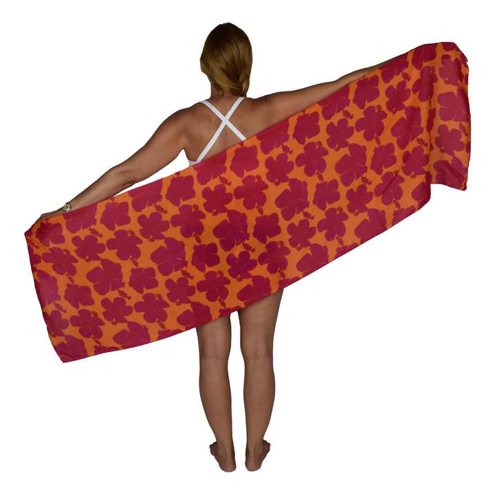 Half Hibiscus Sarong- Red Orange Pareo Beach Cover Up for wholesale by Island Style Clothing Co by Akamai Distribution Ltd