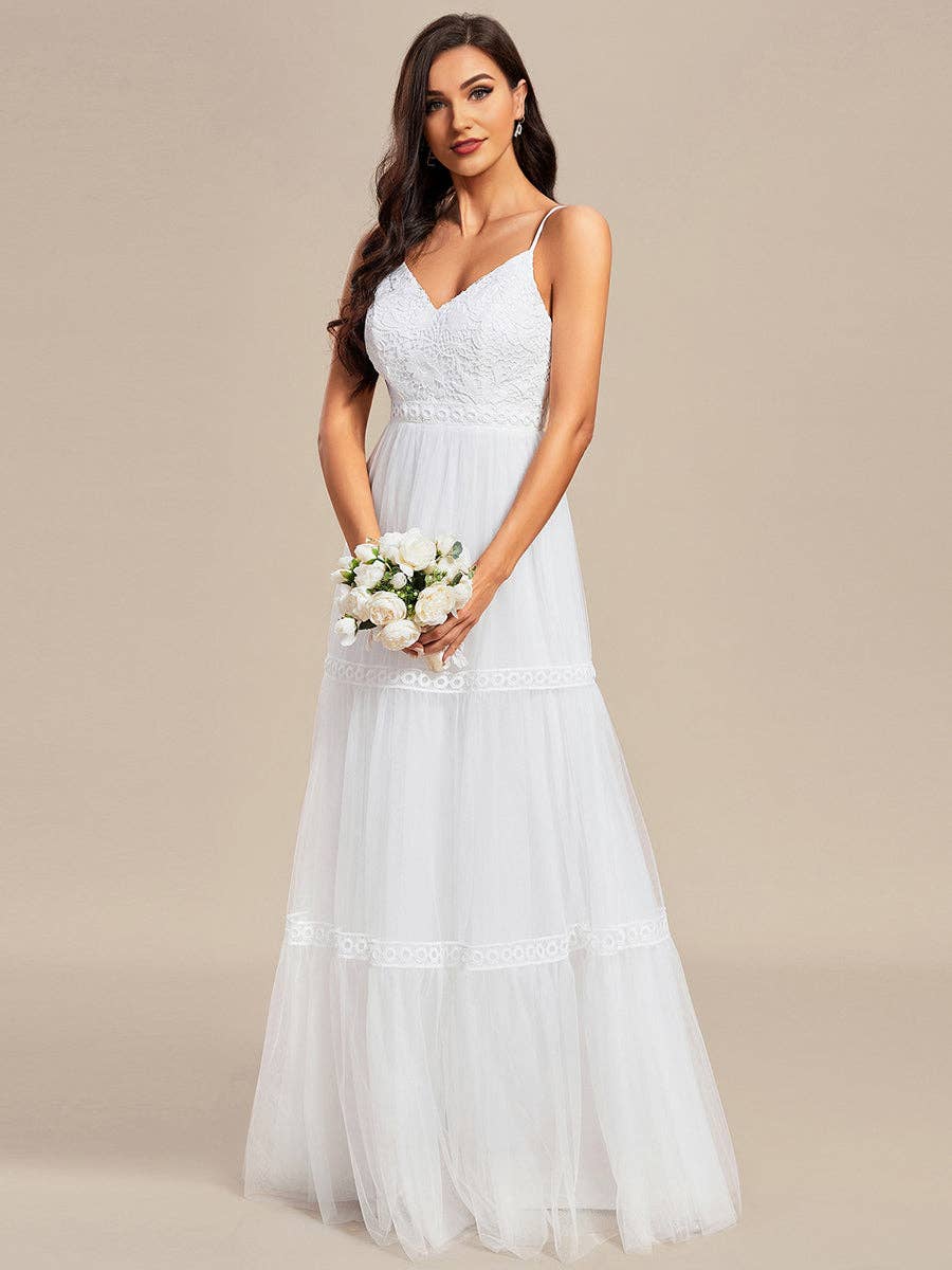 White Spaghetti Straps Mesh Wedding Dress for wholesale on Faire9