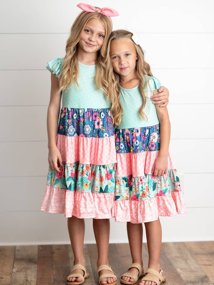 Girls Ava Mint Pink Spring Summer Easter Floral Tiered Dress for wholesale by Adorable Sweetness