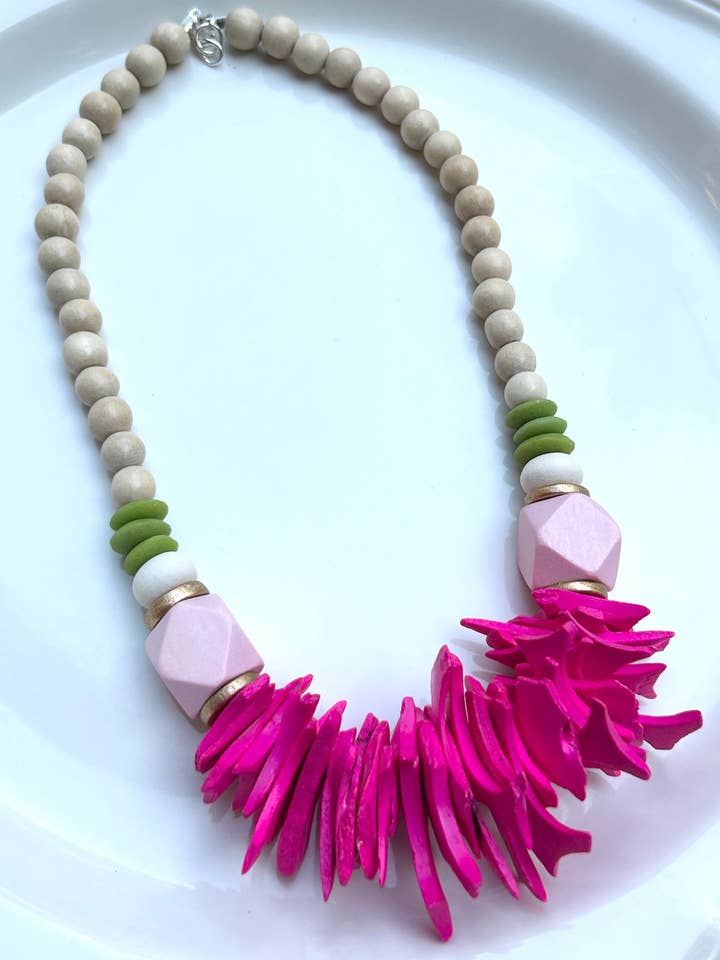 Pink mid length flat beads statement necklace large for wholesale by April Mae Designs