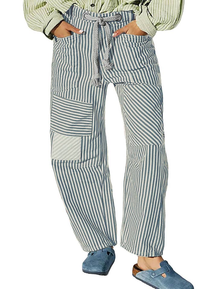 Dipped Shop - Wholesale Pants – Women's - Casual Splice Striped Drawstring Wide Leg Pants DP25D9192
