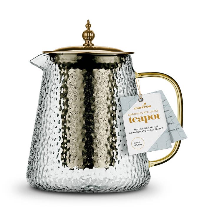 Gold Hammered Borosilicate Glass Teapot 900ml for wholesale by Charbrew Tea & Coffee