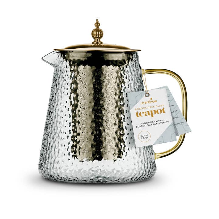 Gold Hammered Borosilicate Glass Teapot 900ml for wholesale by Charbrew Tea & Coffee