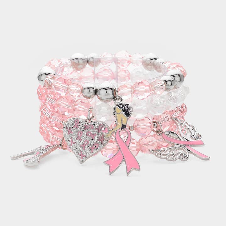 4PCS - Enamel Pink Ribbon Afro Woman High Heel Wing Bracelet for wholesale by Sensibling Corp.