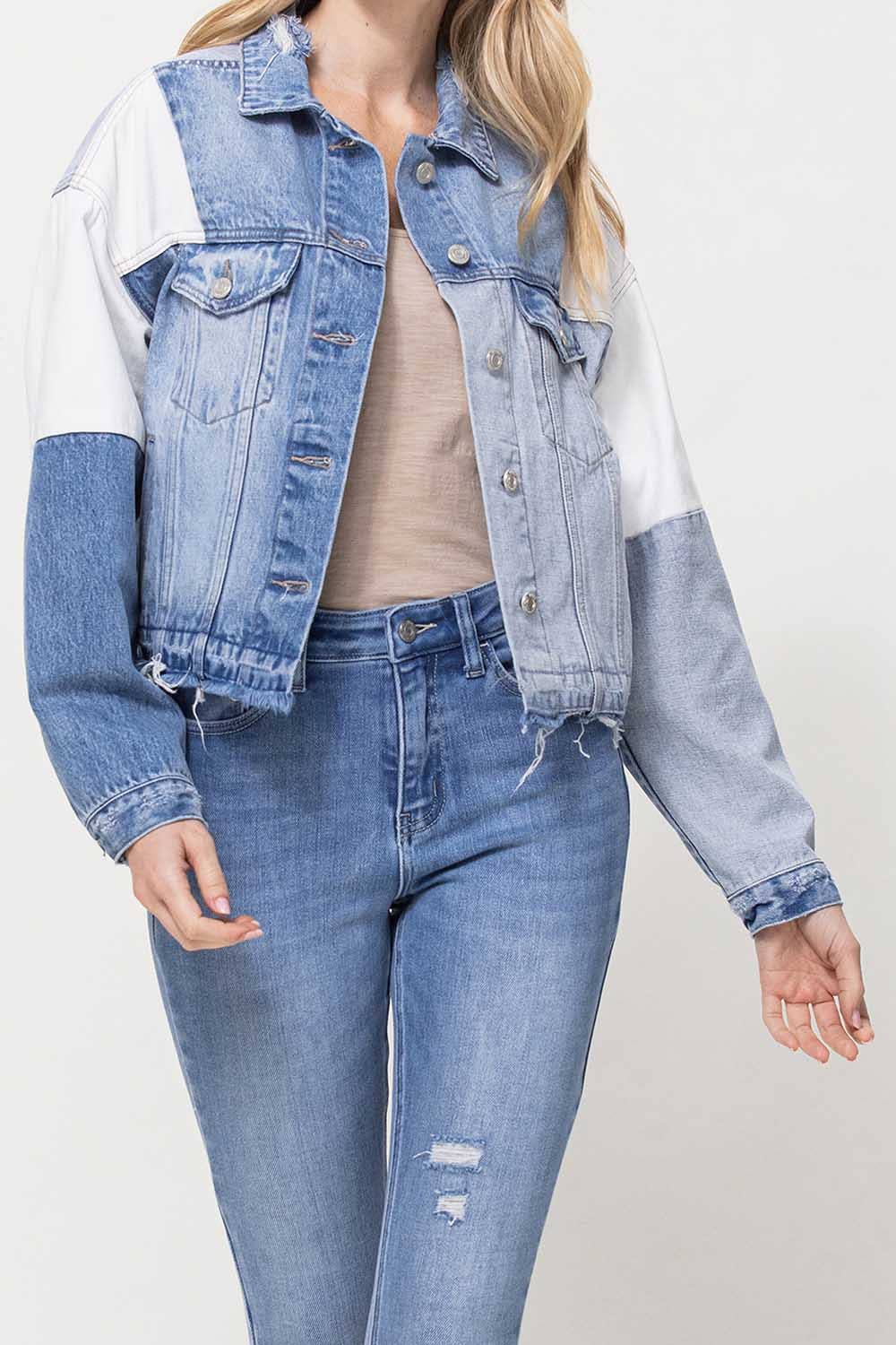 DENIM FARVEBLOK PATCHWORK OVERSIZE CROP DENIM JAKKE V2727J for engroshandel på Faire4