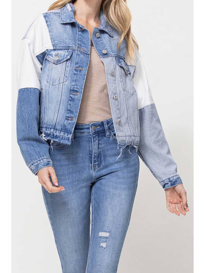COLOR BLOCK PATCHWORK OVERSIZED CROP DENIM JACKET V2727J for wholesale on Faire4