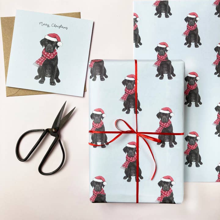 Amelia Illustration - Wholesale Flat Wrap - Festive Black Labrador Christmas Wrapping Paper