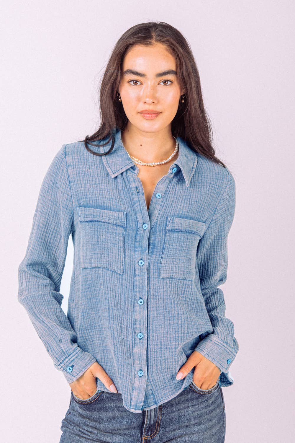 Wholesale NT11173Long Sleeve Washed Shirt Top for your store Faire