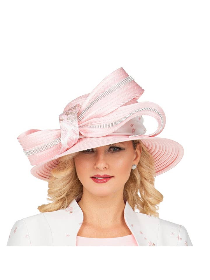 Cappello da occasione a tesa larga con nastro a fiocco e rifiniture di strass per la vendita all'ingrosso da parte di Giovanna