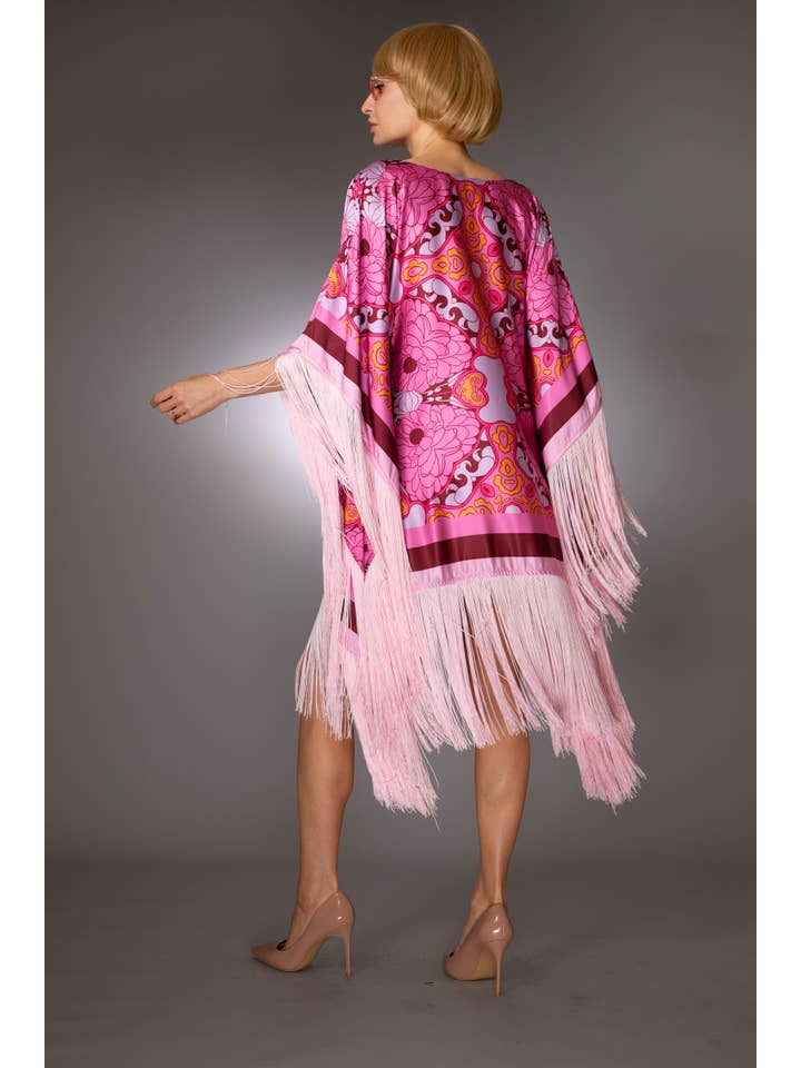 Pink Floral Fringed Satin Short Kaftan Dress for wholesale on Faire1