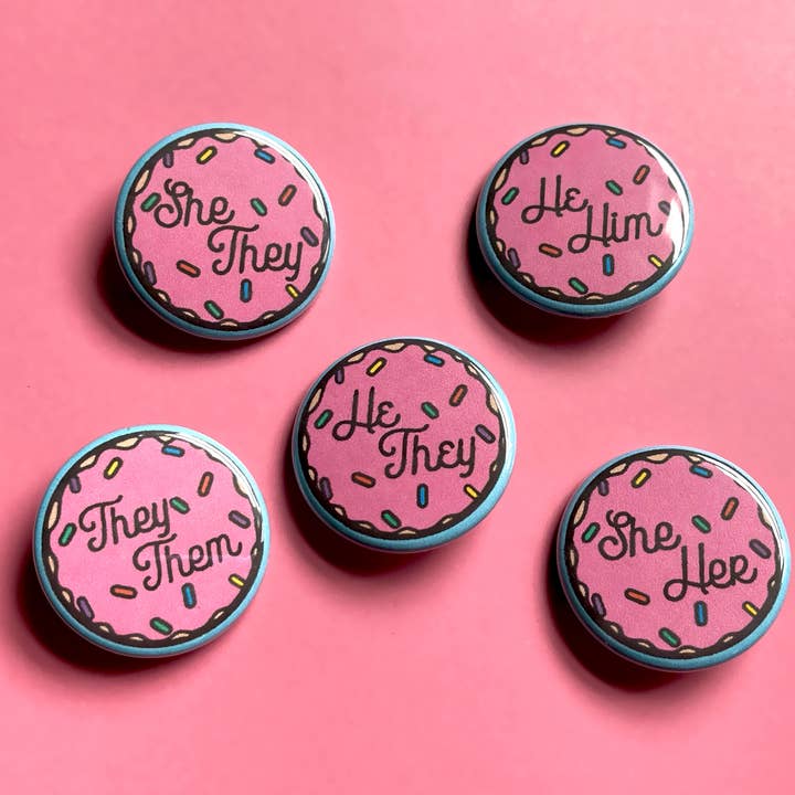 1.25” Cute Donut Pronoun Buttons for wholesale by TheThirdArrow