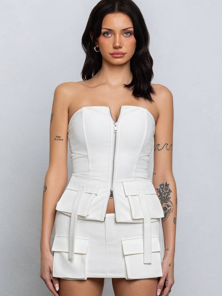 Woven cargo zip up tube top for wholesale by No Vacancy