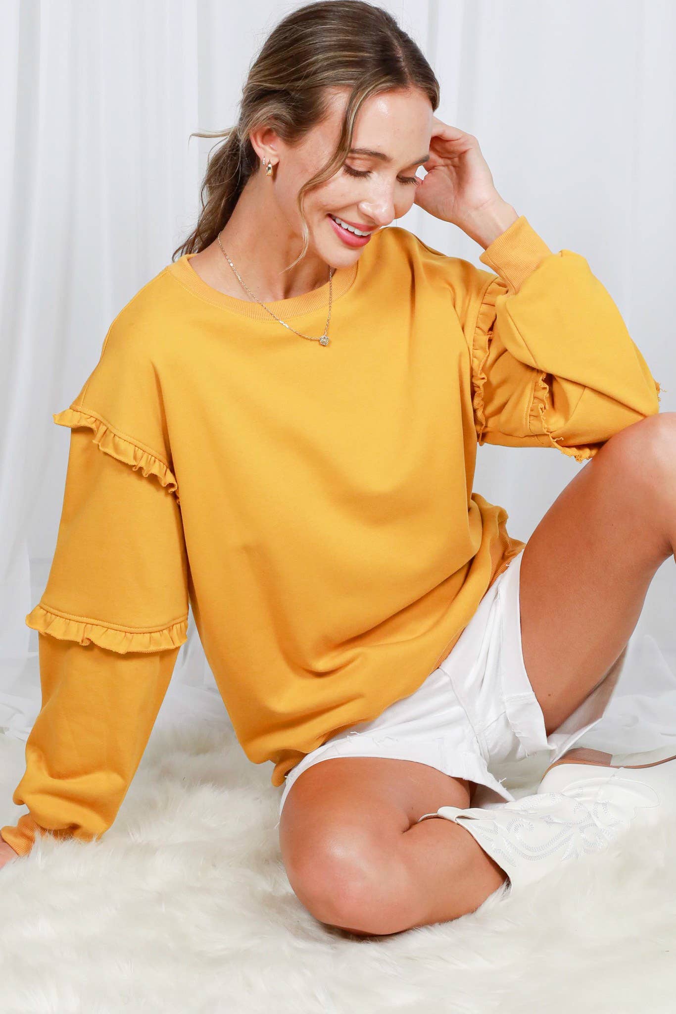 Vine & Love - Wholesale Sweatshirt - Women's - Crew Neck Ruffle Detail French Terry Sweatshirt VT7008311