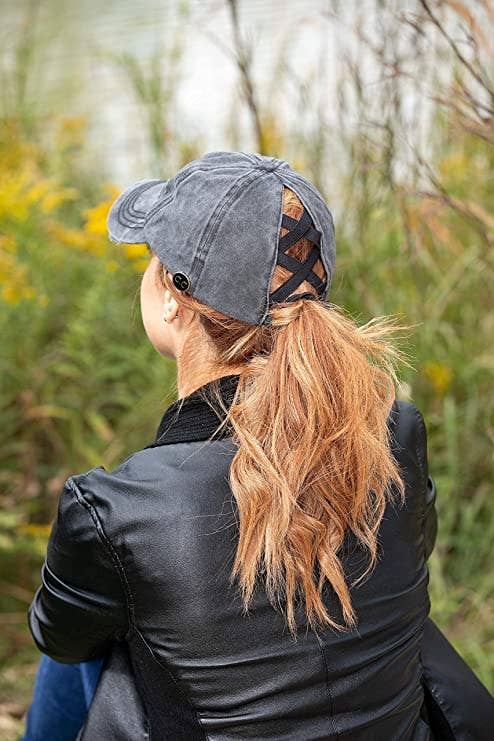 Funky Junque - Wholesale Ponytail Cap - Women's - Criss Cross Ponytail Cap w/Buttons (Charcoal)3