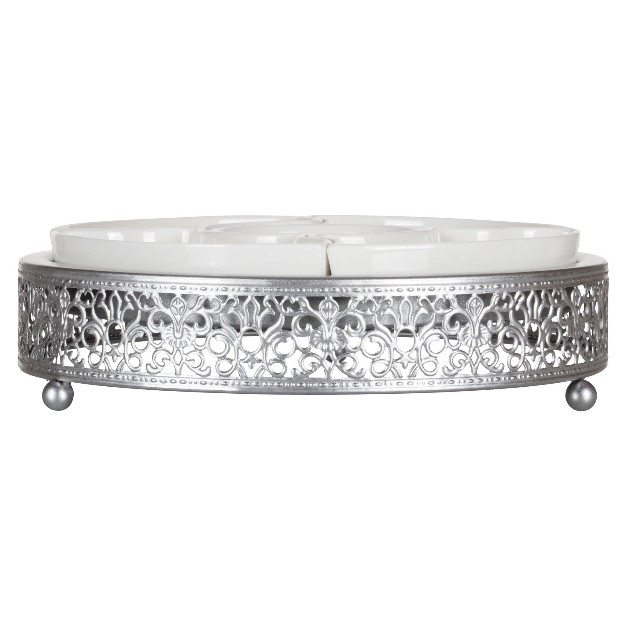 Amalfi Decor - Wholesale Serving Tray - Round Serving Tray with 5 Ceramic Dishes - Silver2