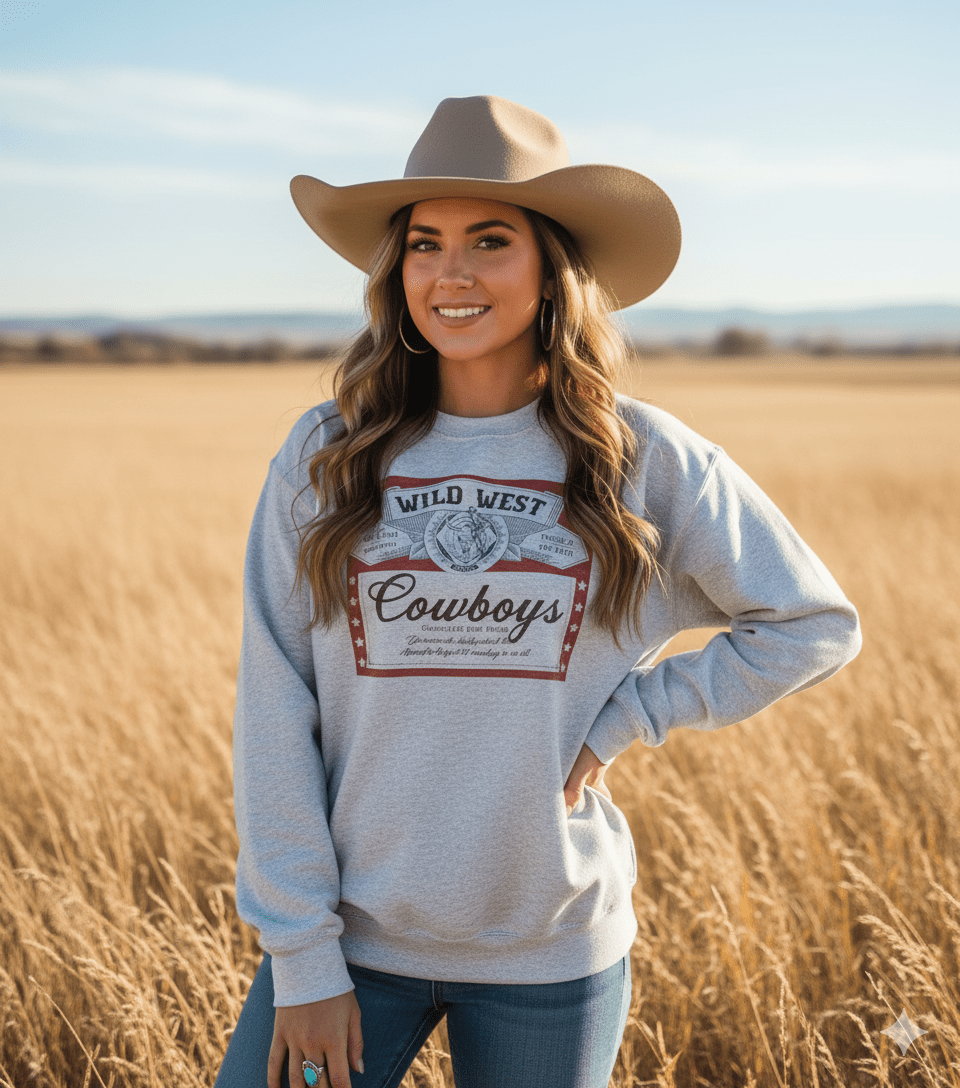 Ash Wild West Cowboys Western Beer Logo Graphic Sweatshirt for wholesale on Faire0