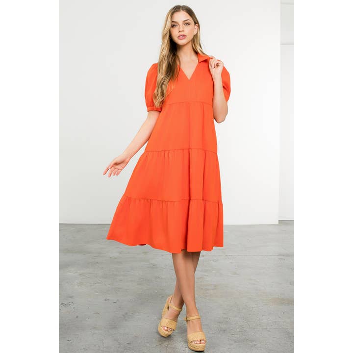 Collared Tiered Short Sleeve Midi Dress for wholesale by THML