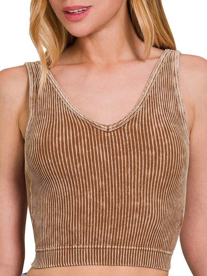Washed Ribbed Seamless Bra Padded V-neck Tank Top for wholesale by Vanilla Monkey